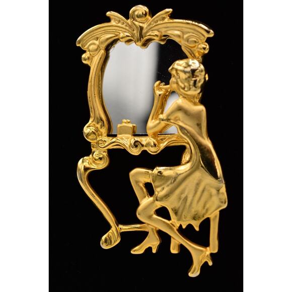 Vintage Vanity Mirror Pin Brooch Woman Beauty Brushed Gold Retro NOS 1980s BinA3 - Picture 1 of 12